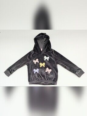 Penelope Mack Girls' (Size 5) Dark Grey Ribbed Velvet Hoodie w/Sequins Bows